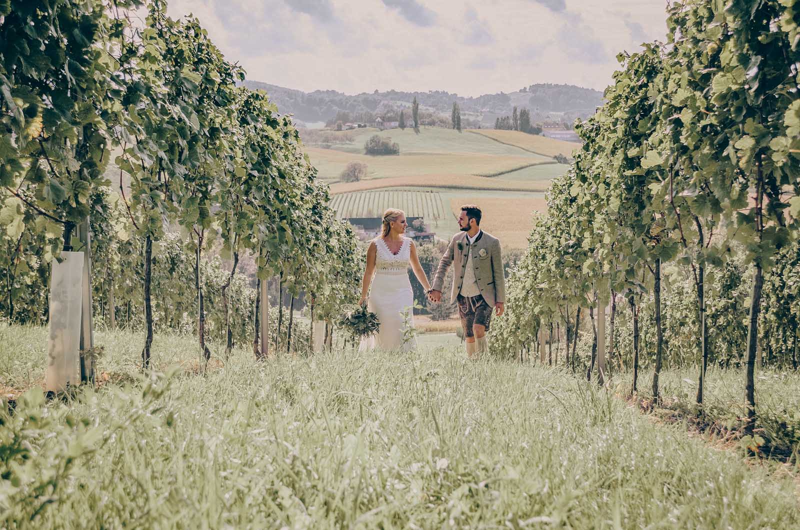 Glückliches Braut geht im Weingarten in der Südsteiermark